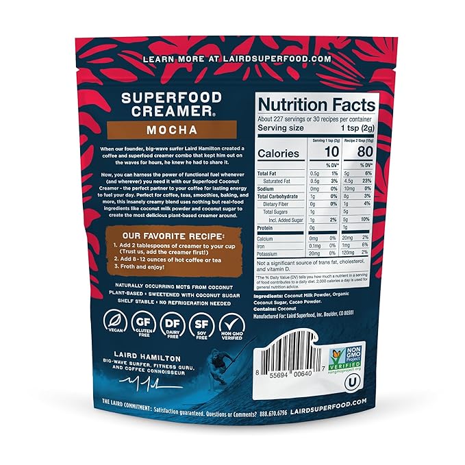 Laird Superfood Non-Dairy Coffee Creamer Mocha, Shelf-Stable Superfood Non-Dairy Powder Creamer