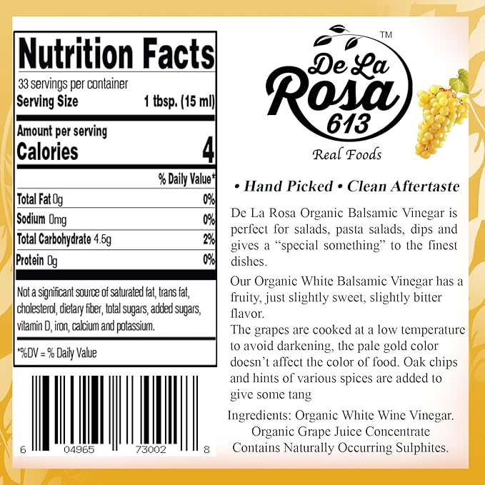 De La Rosa Organic White Balsamic Vinegar, Kosher for Passover, Vegan & Gluten-Free, Great for