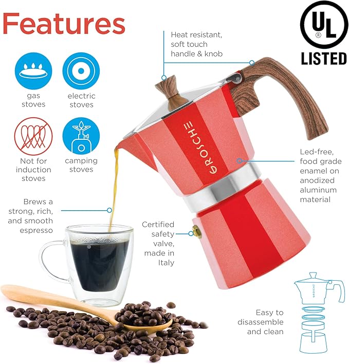 GROSCHE Milano Stovetop Espresso Maker Moka Pot 3 espresso Cup - 5oz, Red - Cuban Coffee Maker