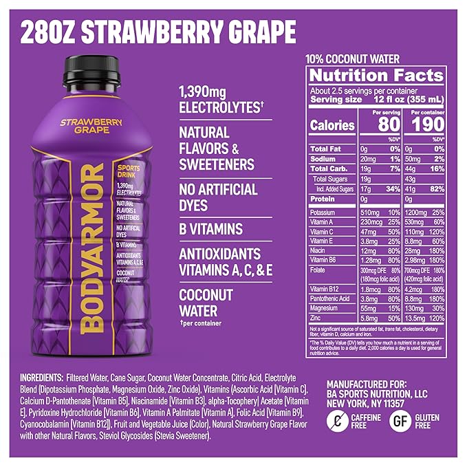 BODYARMOR Sports Drink Sports Beverage, Strawberry Grape, Coconut Water Hydration, Natural Flavors