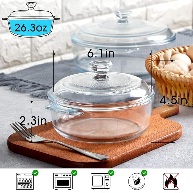 NUTRIUPS Mini Glass Casserole Dish with Lid Oven Safe Covered Round Casserole Dish 6" Glass