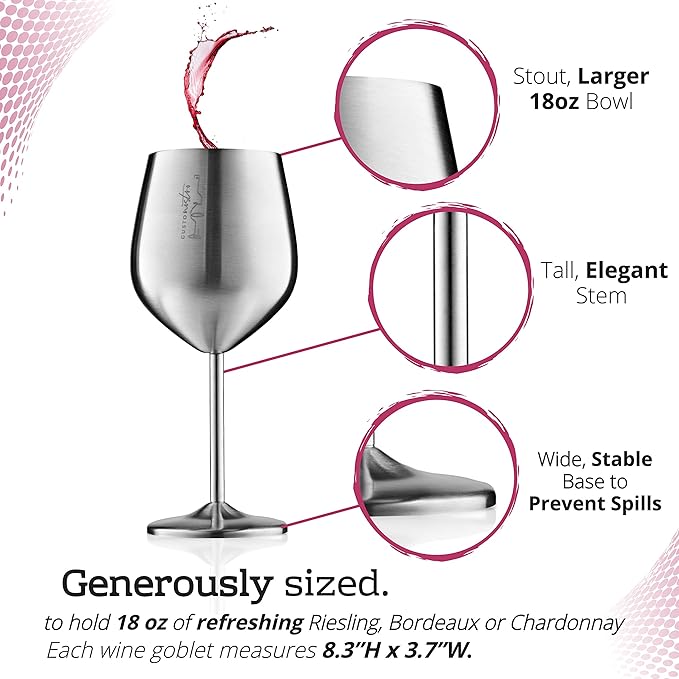 Gusto Nostro Stainless Steel Wine Glass - 18 oz - Cute, Unbreakable Wine Glasses for Travel