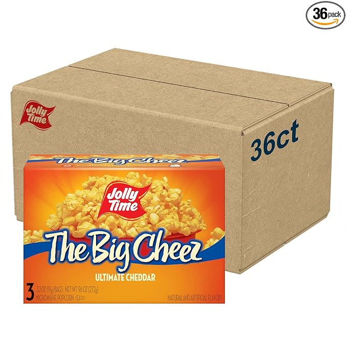 Jolly Time The Big Cheez, Cheddar Cheese Microwave Popcorn, 3.2oz Sharing Bag, 3 Bags Per Carton