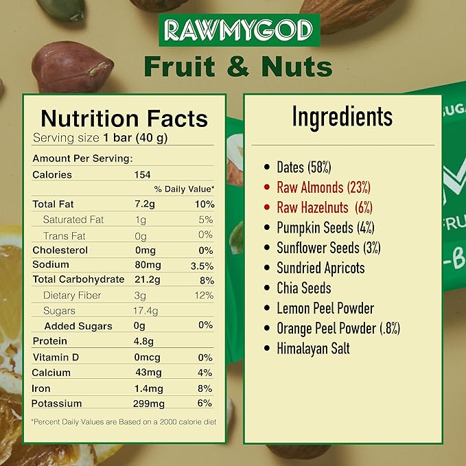 RAWMYGOD Fruit and Nut Bars, Gluten Free, Vegan, No Added Sugar (16 bars, Protein Pack - 4 Orange &