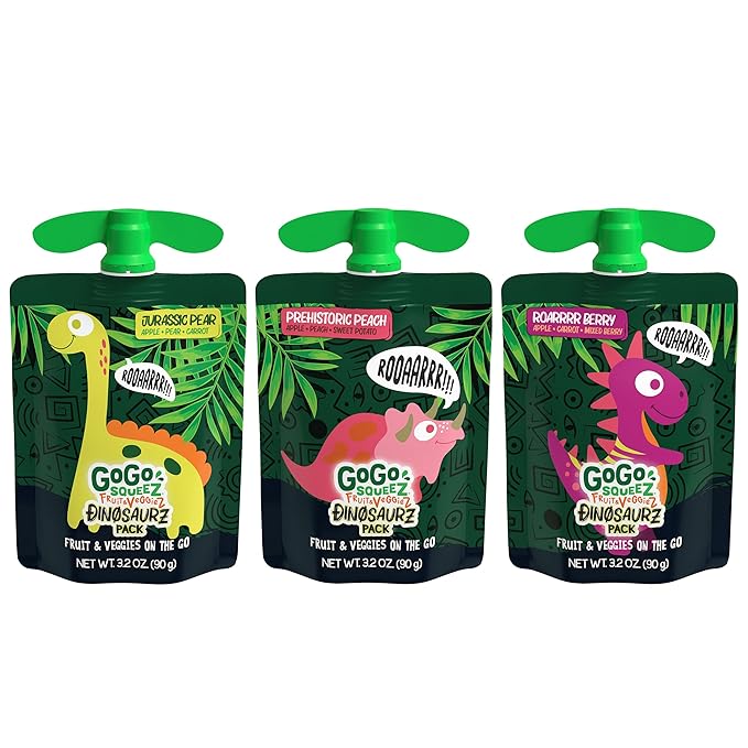 GoGo squeeZ Fruit & veggieZ Applesauce and Puree Variety Pack, Jurassic Pear, Roarrrr Berry &