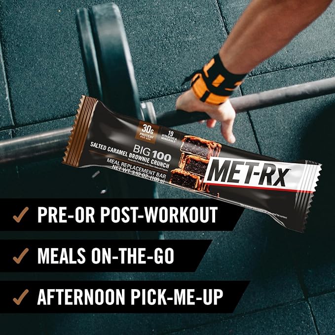 MET-Rx Big 100 Protein Bar, Meal Replacement Bar, 30G Protein, Salted Caramel Brownie Crunch, 9
