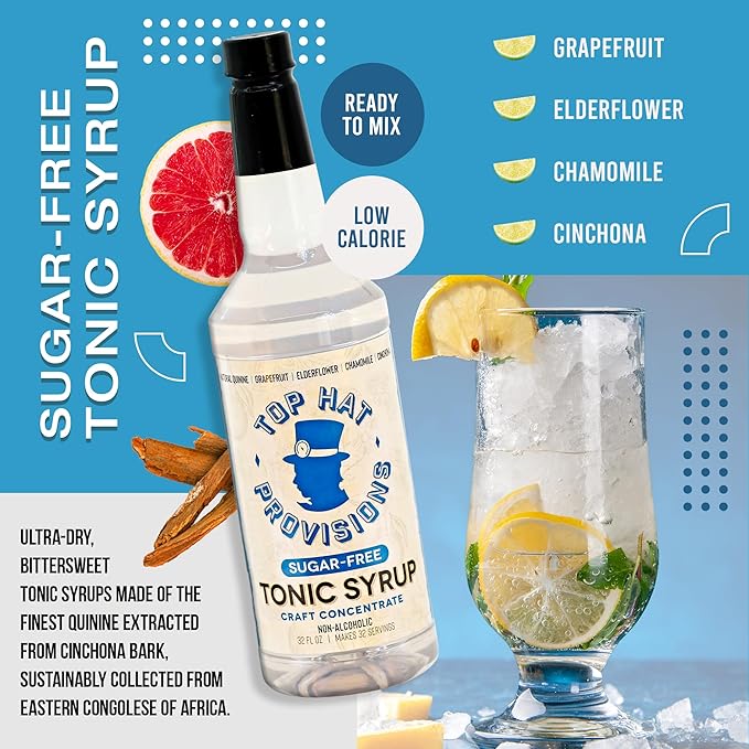 Top Hat Keto Sugar Free Tonic Syrup - 5x Diet Tonic Water Quinine Concentrate - Organic Monk Fruit