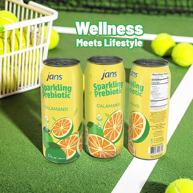 Jans Sparkling Prebiotic Soda Beverage ??Calamansi Juice 8.4 Fl Oz (24-Pack) | Low Calorie, No