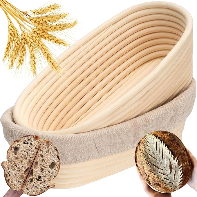 Banneton Bread Proofing Basket 2 pack 9.5 inch Oval Basket with Liner, Bread Proofing Basket