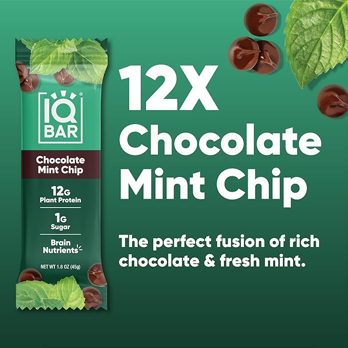 IQBAR Brain and Body Plant Protein Bars - Chocolate Mint Chip - 12-Count Low Carb - Gluten Free