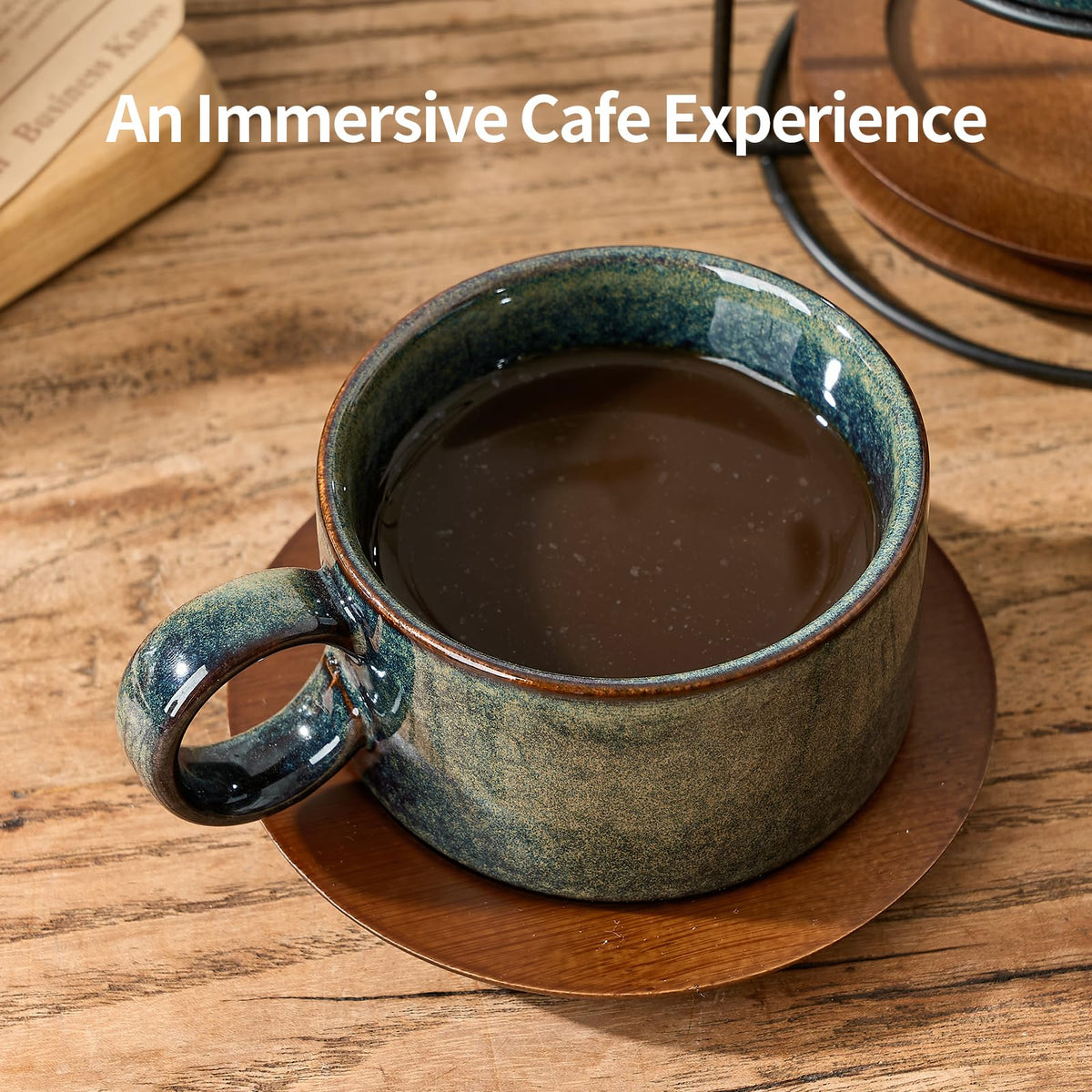 LUKA 6 Ounce Porcelain Stackable Espresso Cups with Saucers and Metal Stand Set of 4, Ceramic