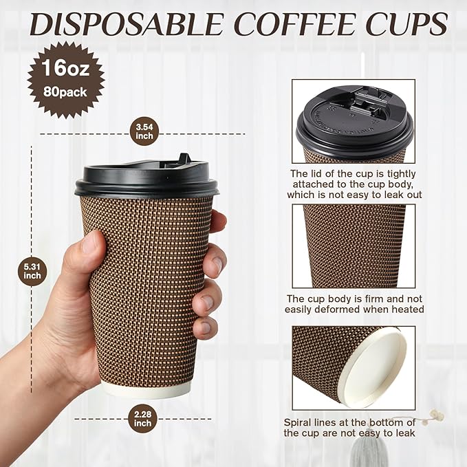 LITOPAK 80 Pack 16 oz Paper Coffee Cups, Insulated Ripple Wall Paper Cups with Lid and Straws