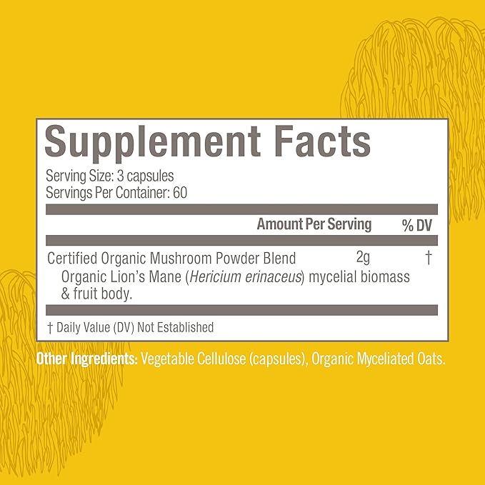 OM MUSHROOM SUPERFOOD Lion's Mane Mushroom Capsules Superfood Supplement, 180 Count, 60 Days, Fruit