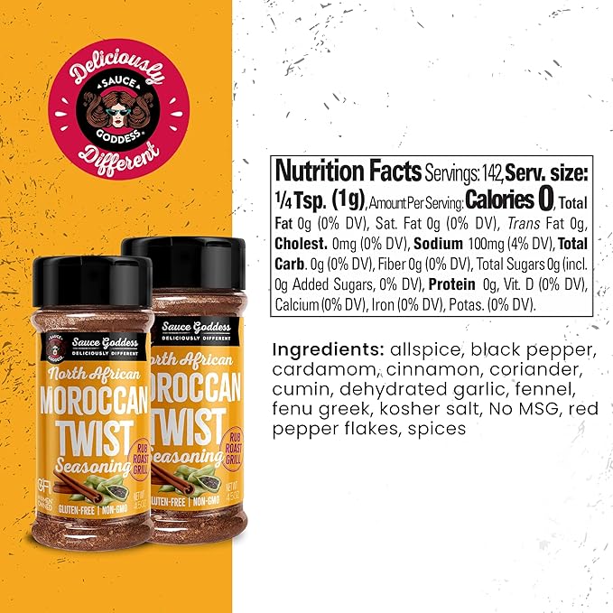 Sauce Goddess Moroccan Twist Spice Shaker (2-Pack) - Exotic Blend of Cardamom, Cinnamon, and More.