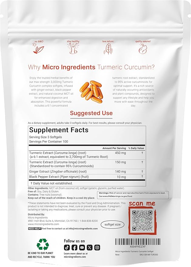 Turmeric Curcumin Supplement with Black Pepper & Ginger 3,000mg, 300 MCT Oil Softgels | 95%