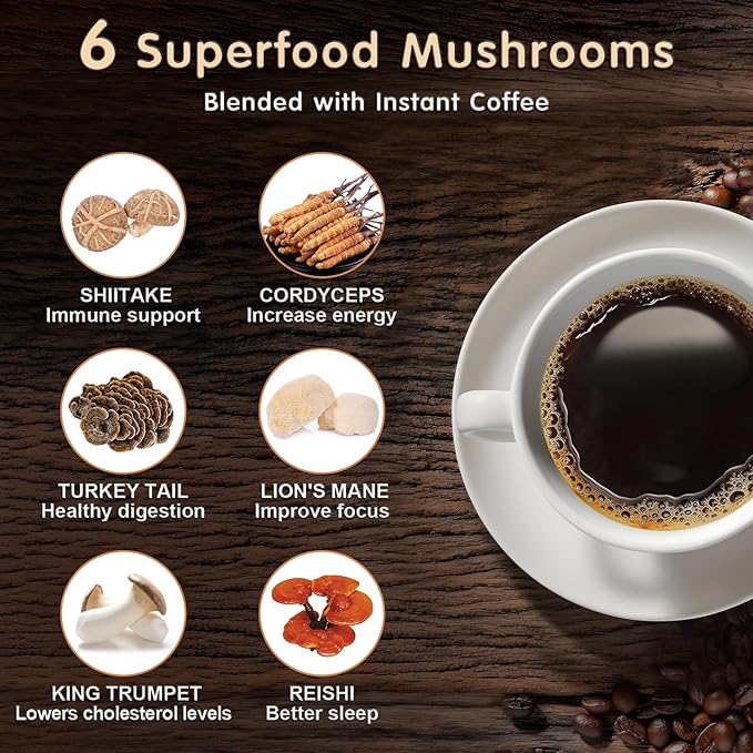 Mushroom Coffee, 6 Adaptogenic Mushrooms with Lion's Mane, Cordyceps, Turkey Tail & More, Instant