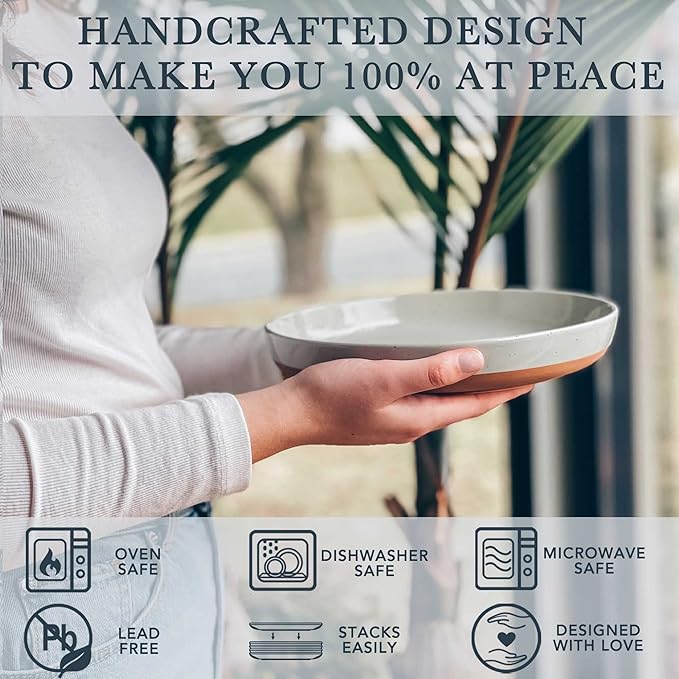 Mora Ceramic Flat Pasta Bowl Set of 4-35oz, Microwave Safe Plate with High Edge - Modern Porcelain