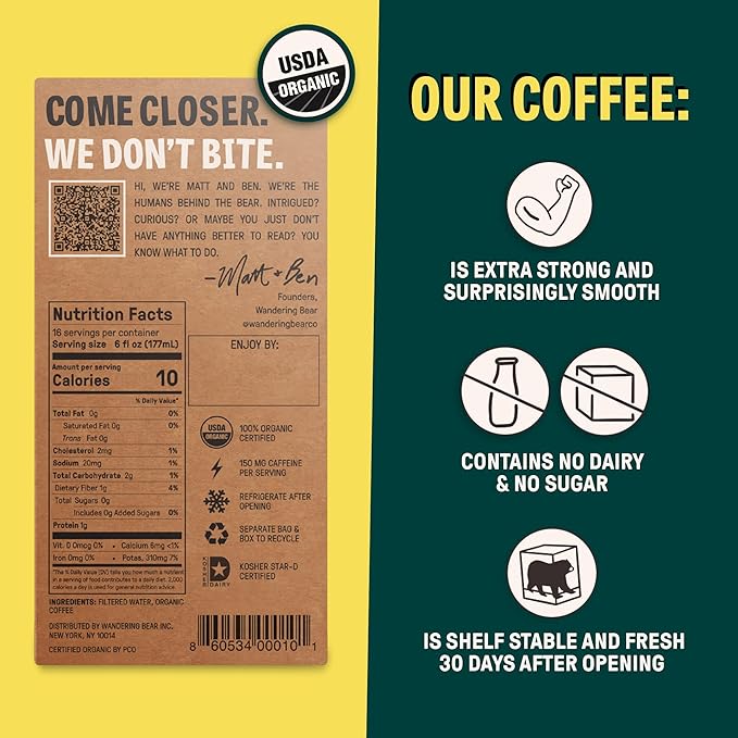 Wandering Bear Straight Black Organic Cold Brew Coffee On Tap, 96 fl oz - Extra Strong, Bold
