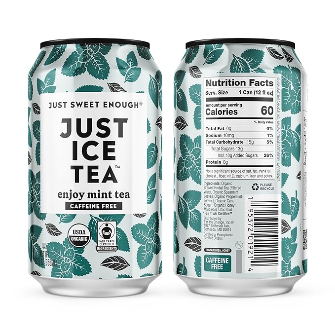 Just Ice Tea, Enjoy Mint Iced Tea, 12-Pack (12oz Cans), Caffeine Free Herbal Tea, USDA Certified