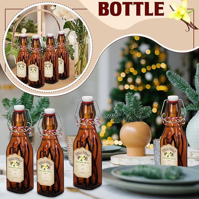 Uiifan 12 Pcs 8 oz Swing Top brown Square Glass Bottles for Vanilla Extract with Caps and Cotton