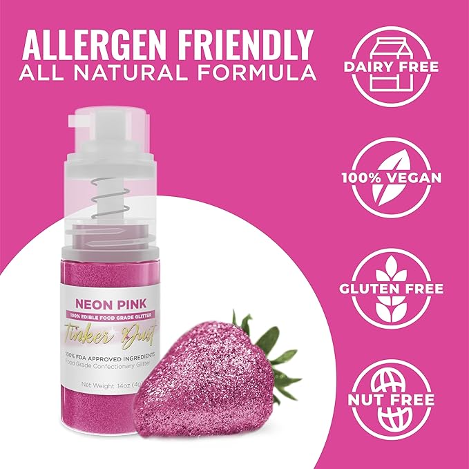 Bakell - Neon Pink Tinker Dust (4g, 1x Mini Spray Pump) Edible Glitter for Food, Desserts, and