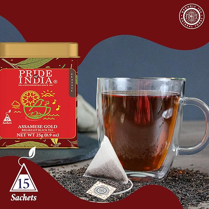 Pride of India | PACK of 6 - Assamese Gold English Breakfast Blend | 15 Premium Pyramid Full Leaf