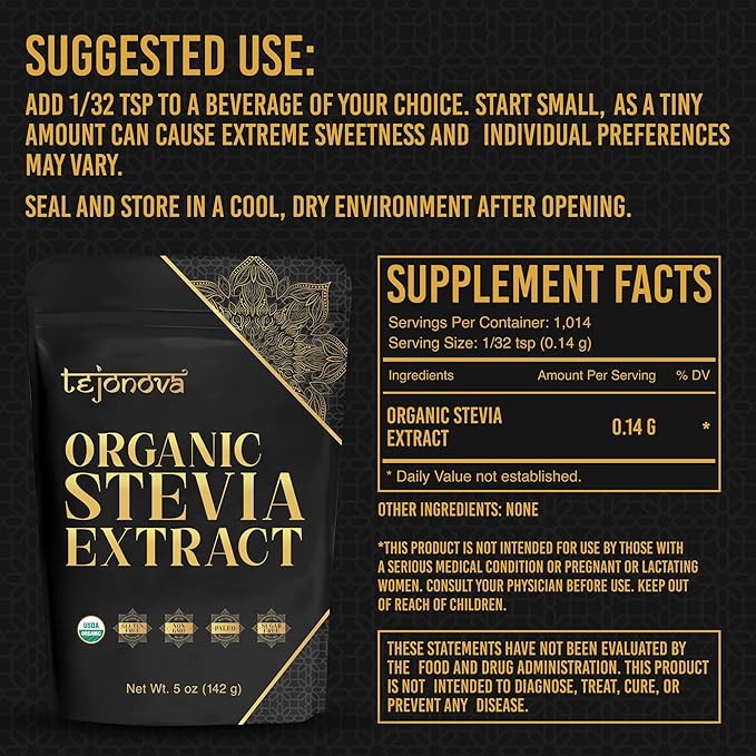 tejonova Organic Stevia Powder, 5oz, Stevia Sweetener, Stevia Organic, Stevia Extract Powder, Zero
