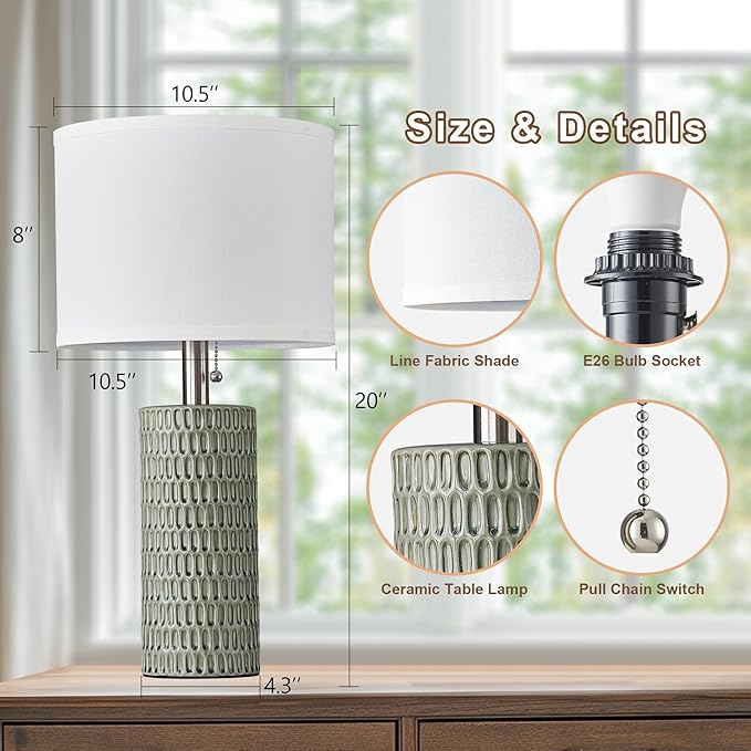 Table Lamps for Living Room Set of 2, Ceramic Table Lamps for Bedroom, 20" Modern Lamps for Night