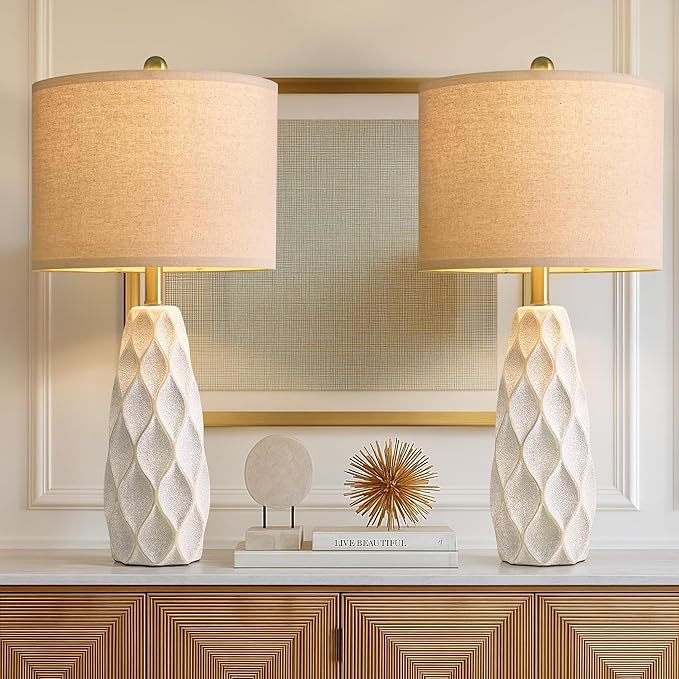 27.5" Ceramic Table Lamps for Living Room Bedroom Lamps Set of 2 Modern Boho Bedside Lamps Night
