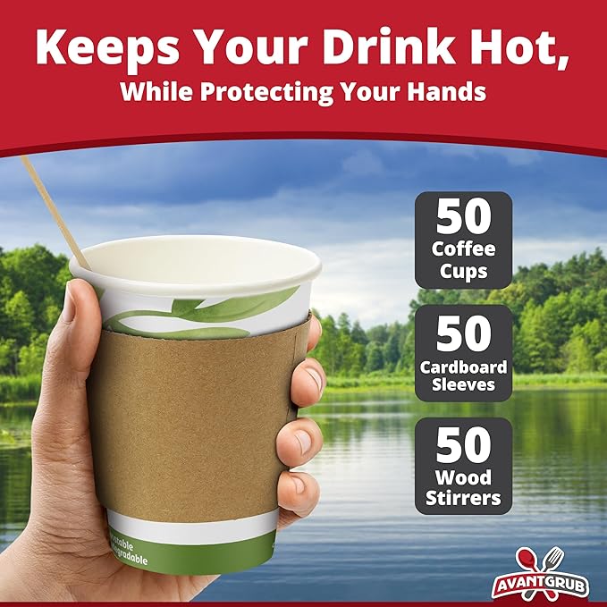 50Pk of 12Oz Recyclable Hot Drink Cups Wood Stirrers and Cardboard Coffee Sleeves. Biodegradable