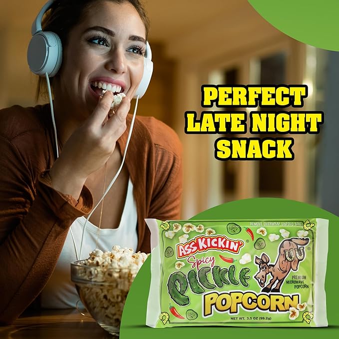 ASS KICKIN' Spicy Pickle Microwave Popcorn Bags - 6 Pack - Ultimate Spicy Pickle Gourmet Popcorn