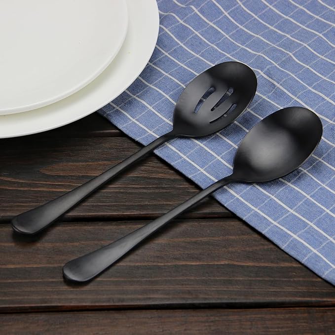 Serving Spoons Set, Black Stainless Steel, 8.7 Inch, Slotted and Solid Serving Utensils for Party