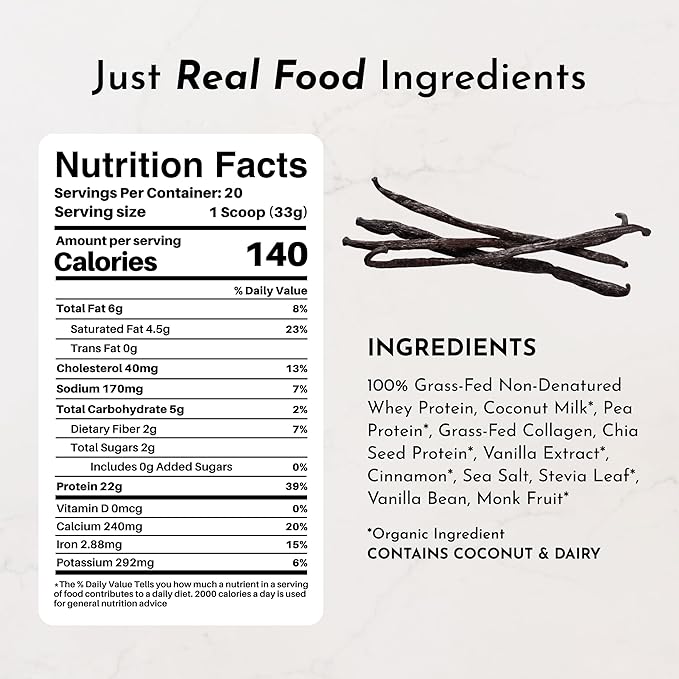 JUST INGREDIENTS Vanilla Bean Protein Powder ??20-Serving Blend with 100% Grass-Fed Whey & Organic