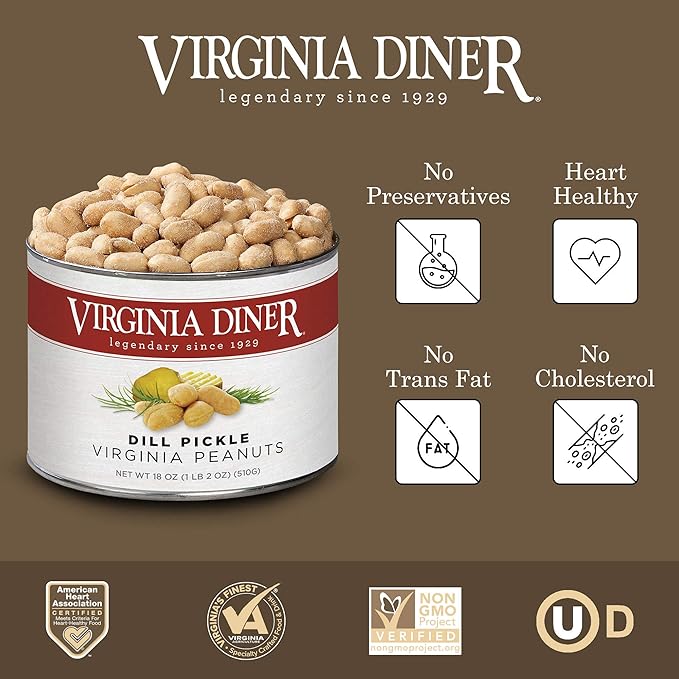 Virginia Diner Dill Pickle Virginia Peanuts - Gourmet Pickled Peanuts Non-GMO, Preservative Free