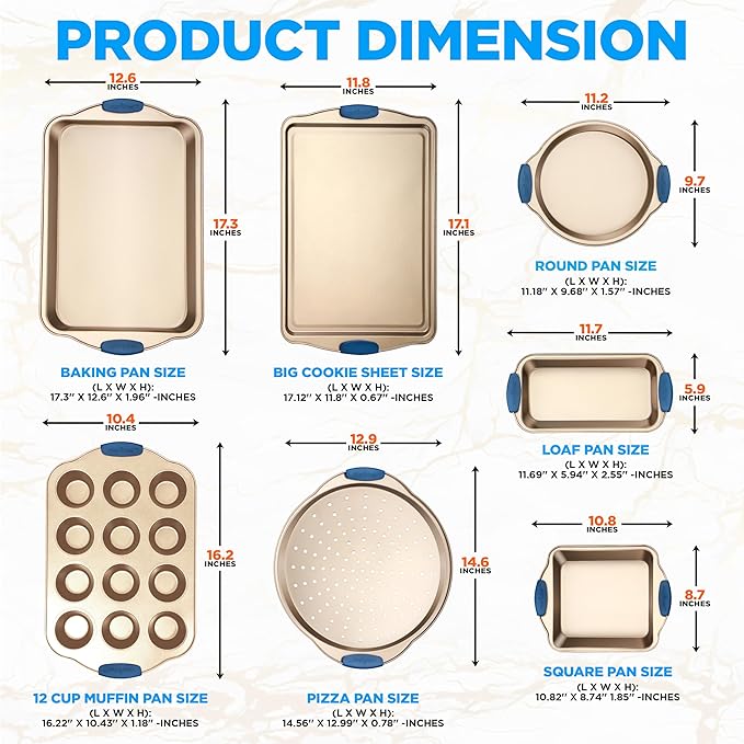 NutriChef 8-Piece Nonstick Bakeware Set - Heavy Duty Carbon Steel Baking Pans w/ Blue Silicone