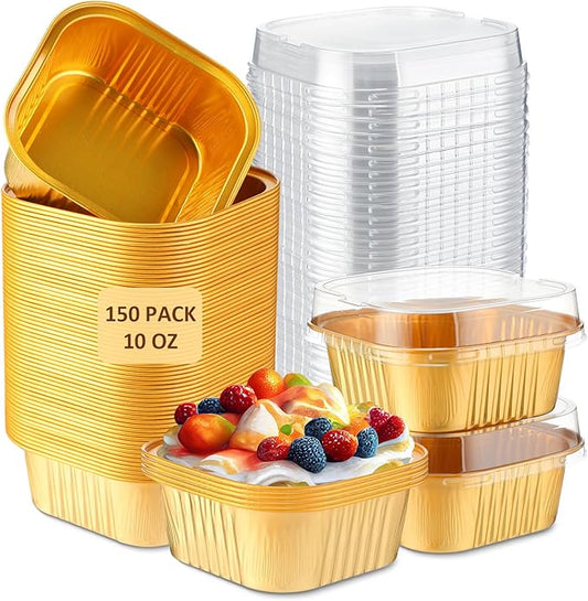 Aoriher 150 Pieces 10 oz Mini Cake Pans with Lids Aluminum Foil Baking Cups Square Disposable 4" x