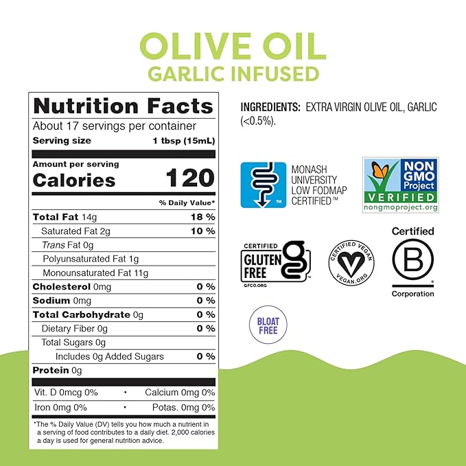 Fody Foods Garlic Infused Extra Virgin Olive Oil, 8.45 Oz, Low FODMAP Certified, Gut & IBS