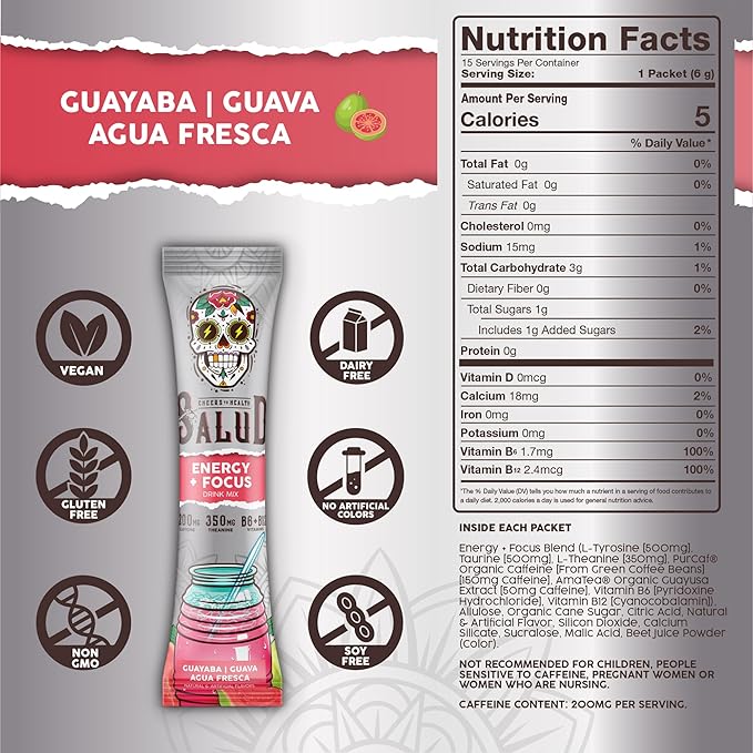 Salud 2-in-1 Energy Drink Powder + Focus, Guava, Organic Caffeine, B6 + B12, Theanine, Clean Energy