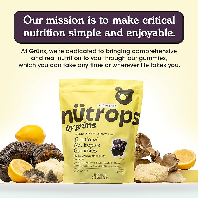 Nutrops Lions Mane Mushroom Gummies for Adults, Functional Nootropics, Herbal Brain Supplement for