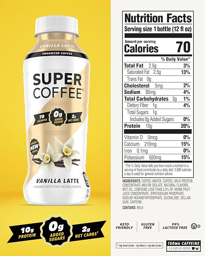 Super Coffee, Ready To Drink Iced Coffee, Vanilla Latte (12 Ounce Bottles, Pack of 12) - Low Net
