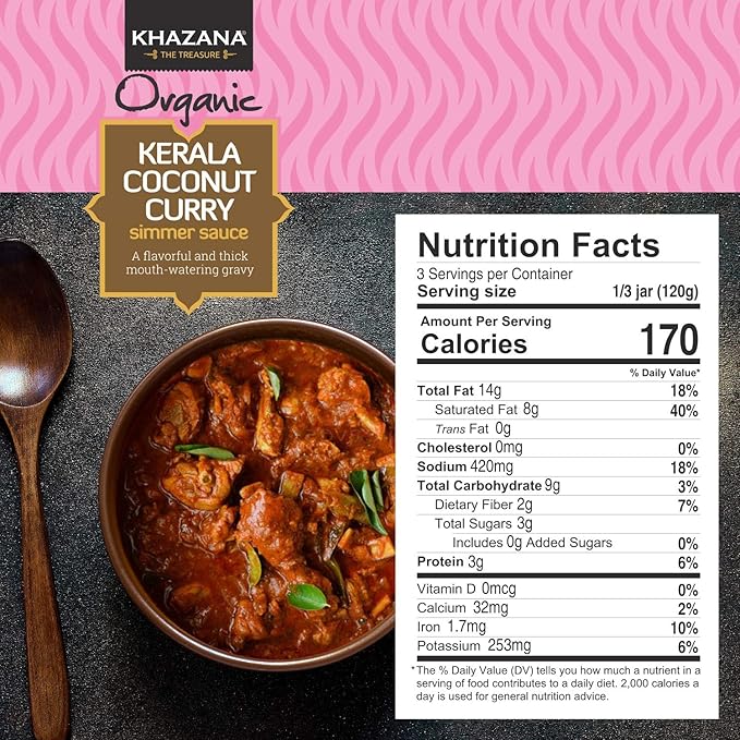 Khazana ORGANIC Kerala Coconut Curry Indian Simmer Sauce - 6 x 12.7oz Jars | Non-GMO, Vegan, Gluten
