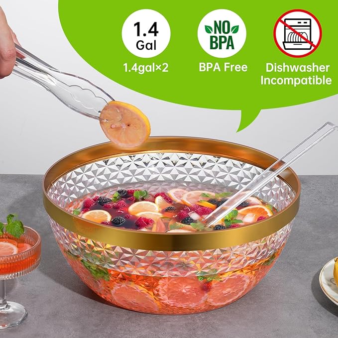 NiHome Gold Trim Clear Plastic Punch Bowl with Ladle and Tong for Parties, Weddings, BBQs, 1.4