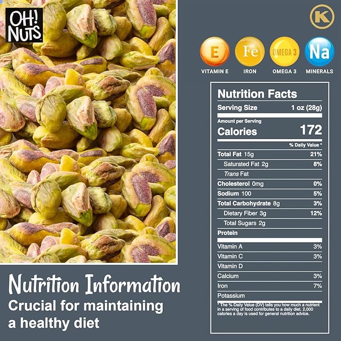 Oh! Nuts Pistachios No Shell - Roasted Salted - 1 lb - Shelled California Pistachios - Packed in