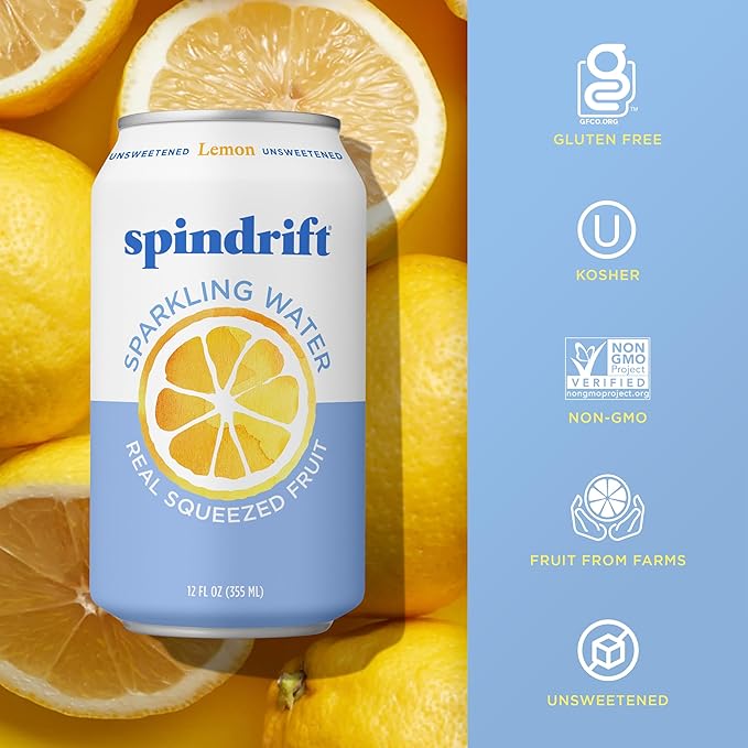 Spindrift Sparkling Water, Lemon Flavored, Made with Real Squeezed Fruit, 12 Fl Oz Cans, Pack of 24