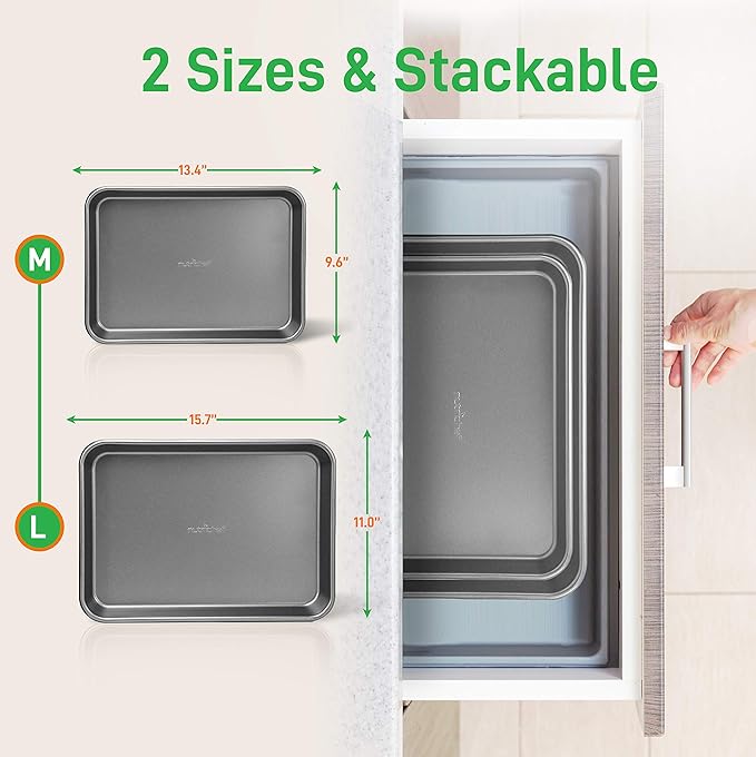 NutriChef 2-Piece Nonstick Stackable Cookie Sheets - Heavy Duty, Non-Toxic Carbon Steel Bakeware
