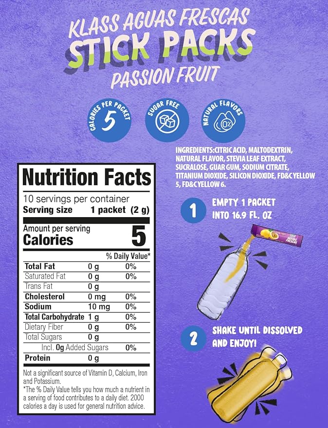 Klass Aguas Frescas | Drink Mix Packets | Passionfruit Flavored | Sugar Free On-The-Go Packets, Low