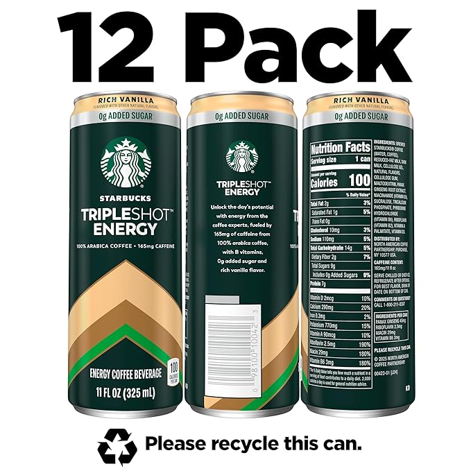 Starbucks Tripleshot Coffee Energy Drink, Rich Vanilla, 11 fl oz Cans (12 Pack), Triple Blend
