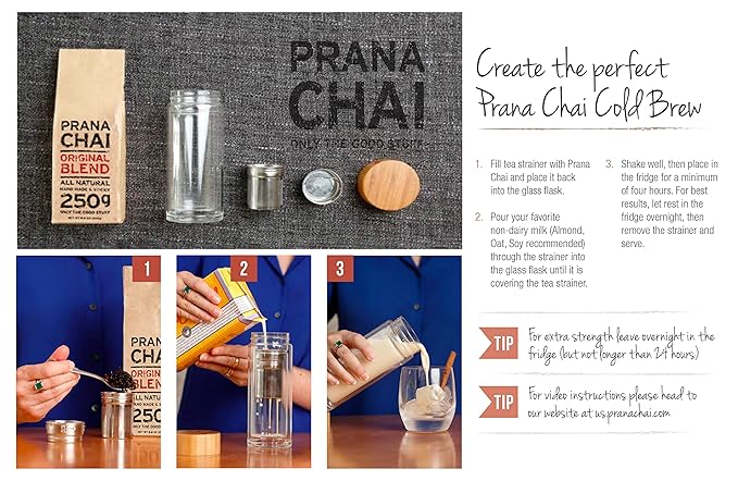 Prana Chai 1 bag chai lovers starter pack including chai teapot, fine mesh strainer and 1 bag of