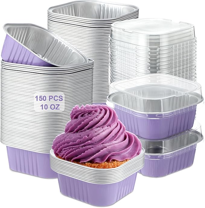 Aoriher 150 Pieces 10 oz Mini Cake Pans with Lids Aluminum Foil Baking Cups Square Disposable 4" x