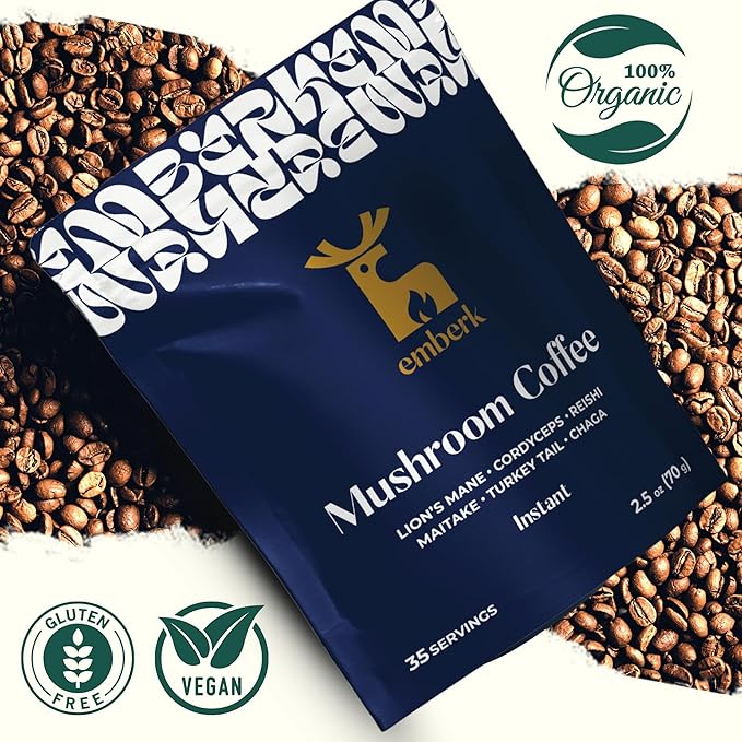 Emberk Organic Instant Mushroom Coffee - 35 Servings of Arabica Coffee with Six 100% Fruiting Body